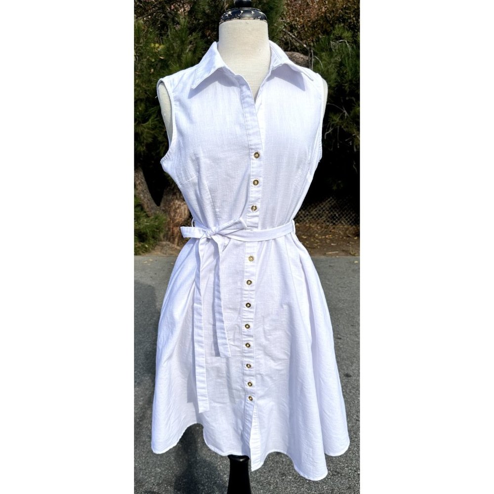 Women's White Sleeveless Shirt Dress with Belt